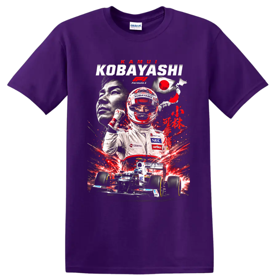 Kamui Kobayashi Sauber Formula 1 collage with helmet, No. 14 car, and Japan flag on a Purple T Shirt