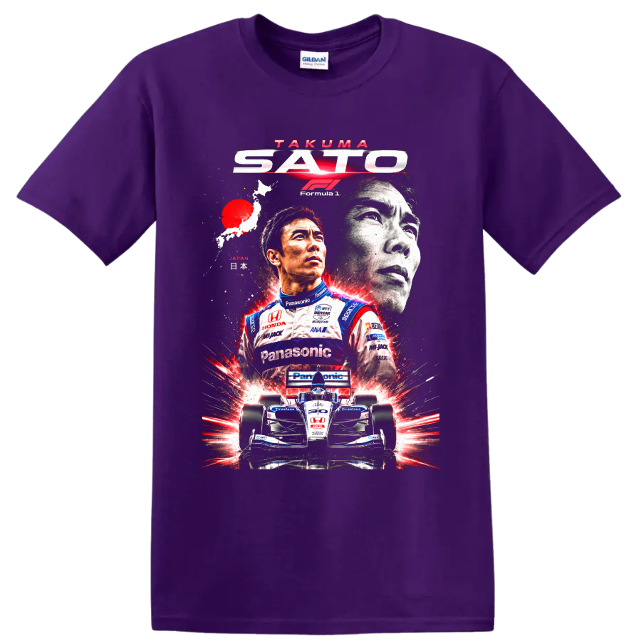 Takuma Sato racing collage with IndyCar number 30 car and Japanese map graphic on a Purple T Shirt