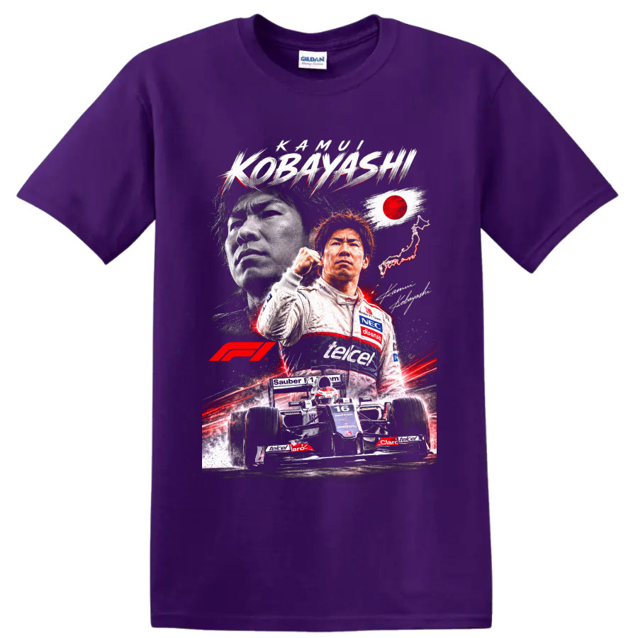 Kamui Kobayashi Sauber Formula 1 portrait and number 16 race car graphic on a Purple T Shirt