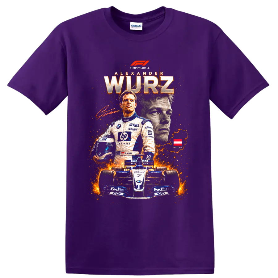 Alexander Wurz Williams Formula 1 racing collage with helmet, car, and Austria map on a Purple T Shirt