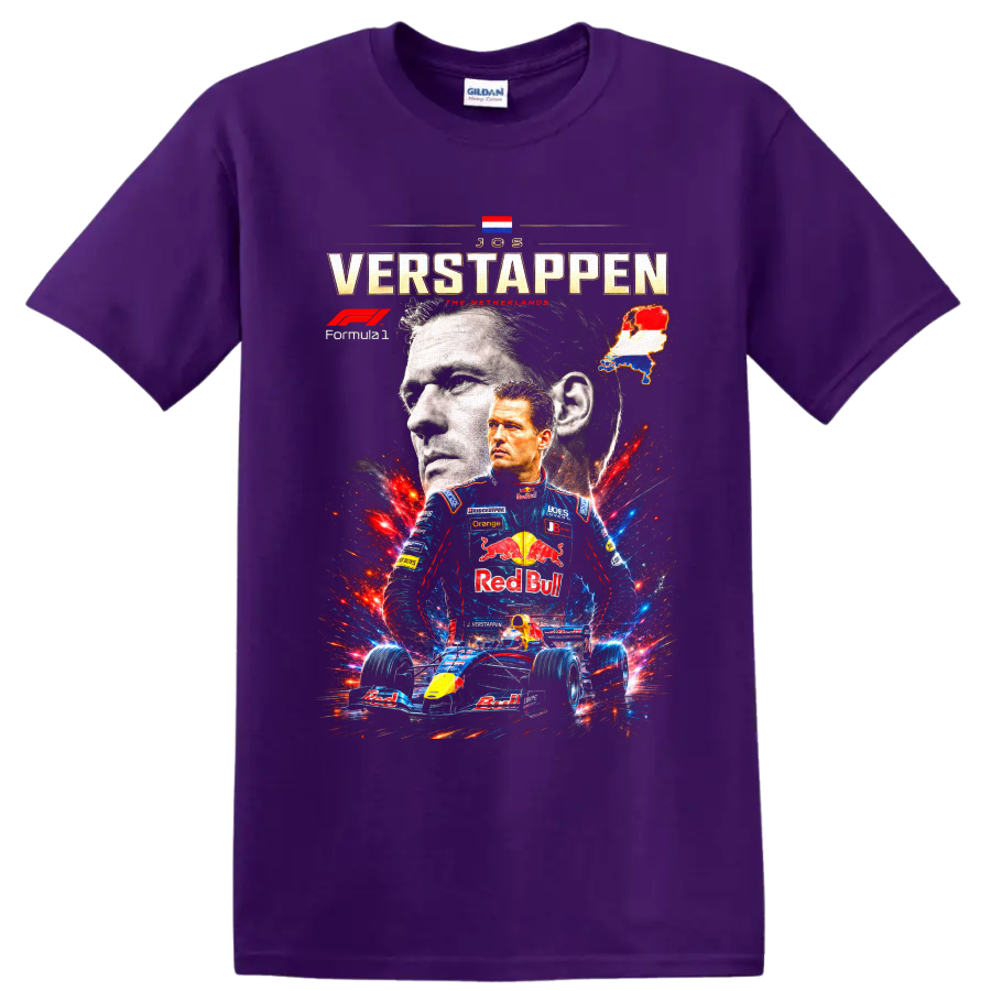 Jos Verstappen Formula 1 collage with portrait, Dutch map, and open-wheel race car on a Purple T Shirt