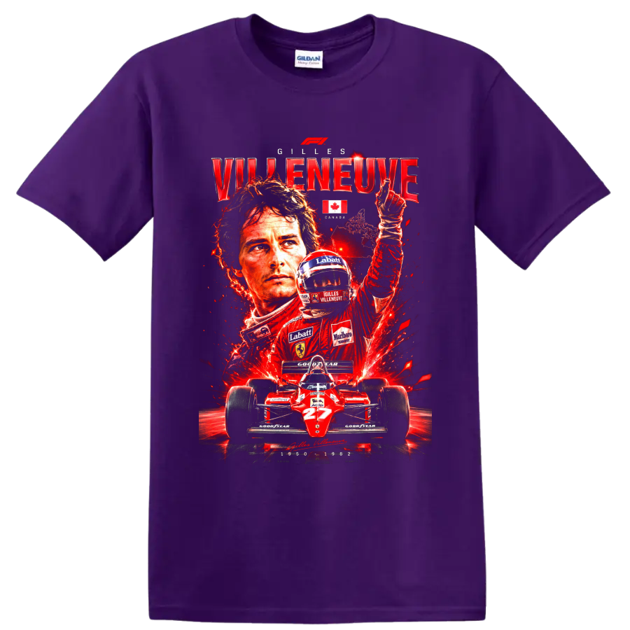 Gilles Villeneuve Ferrari number 27 Formula 1 racing tribute collage on a Purple T Shirt