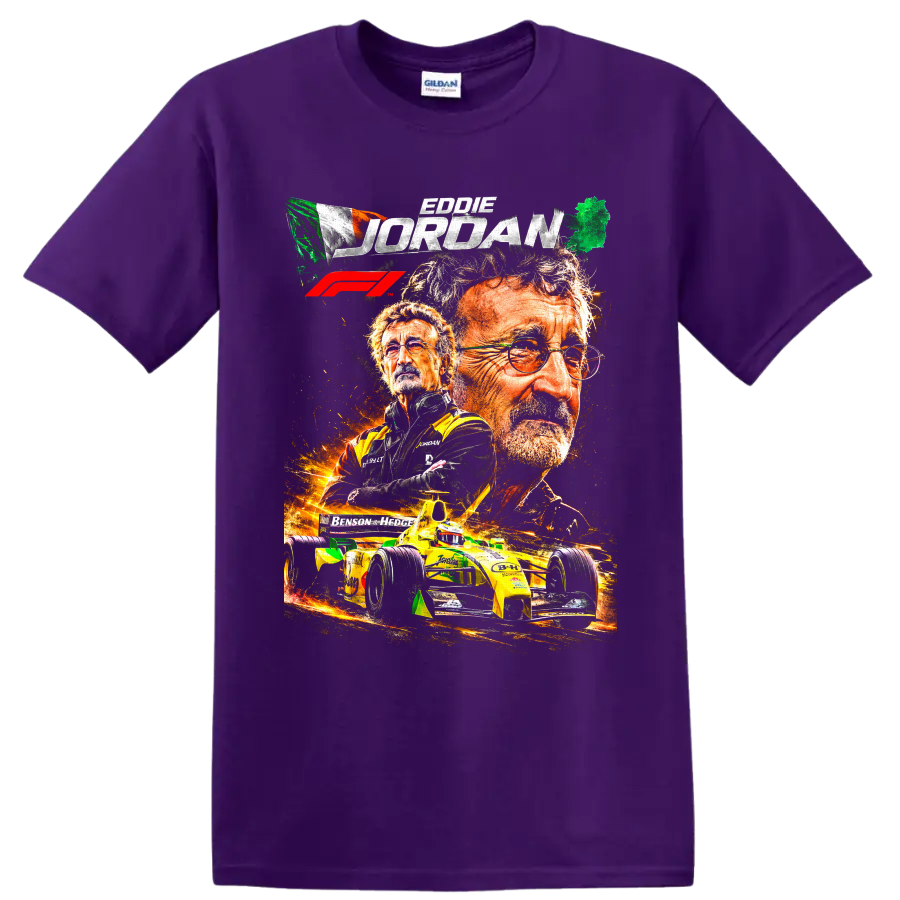 Eddie Jordan portrait collage with Irish flag, fiery Jordan Grand Prix race car, and F1 on a Purple T Shirt