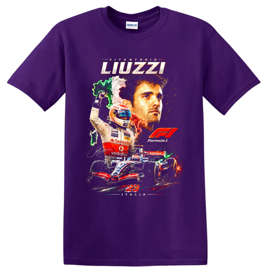 Vitantonio Liuzzi Formula 1 racing collage with Italy colors, number 23, and open-wheel on a Purple T Shirt