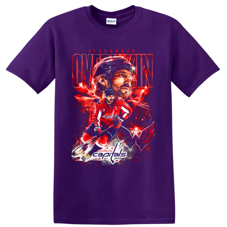 Alexander Ovechkin Washington Capitals red lightning hockey collage graphic on a Purple T Shirt