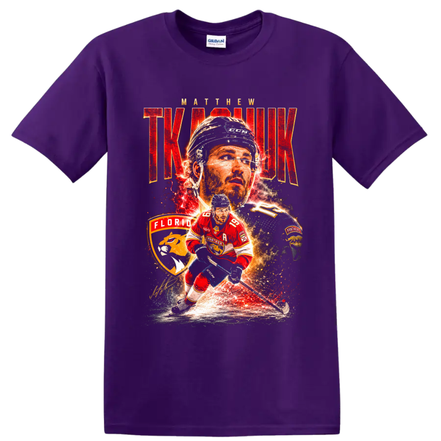 Matthew Tkachuk Florida Panthers hockey collage with bold red lettering and fiery effects on a Purple T Shirt