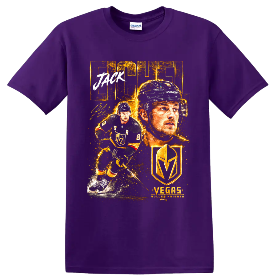 Jack Eichel Vegas Golden Knights fiery gold hockey portrait and action graphic on a Purple T Shirt