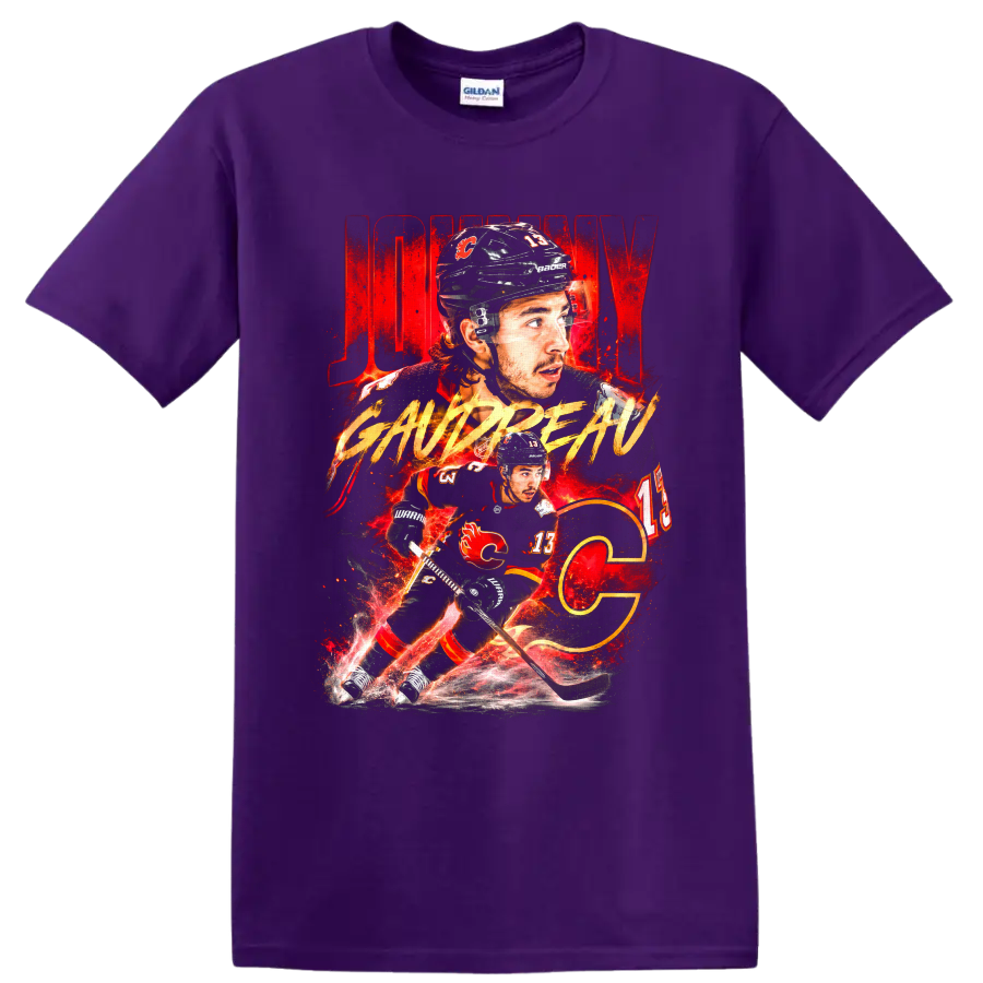 Johnny Gaudreau Calgary Flames hockey player portrait and skating action graphic on a Purple T Shirt