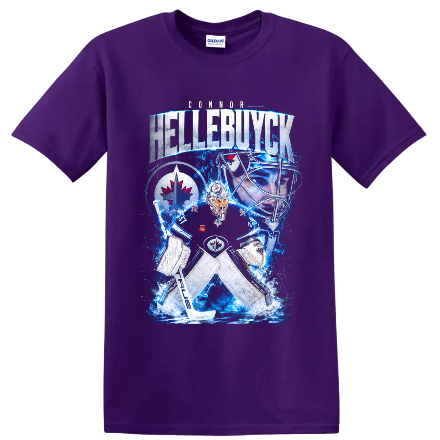 Connor Hellebuyck Winnipeg Jets goaltender blue ice collage graphic on a Purple T Shirt