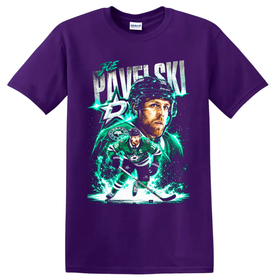 Joe Pavelski Dallas Stars hockey portrait and skating graphic with electric ice effects on a Purple T Shirt