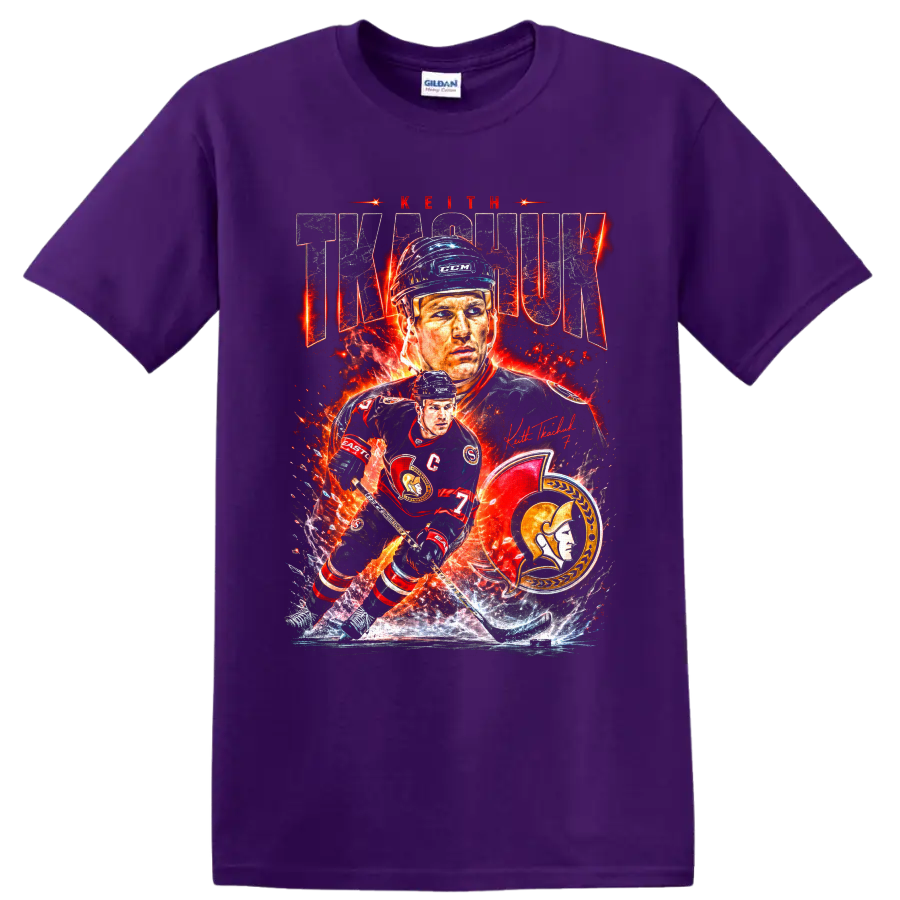 Keith Tkachuk Ottawa Senators hockey portrait and fiery action collage with number 7 on a Purple T Shirt