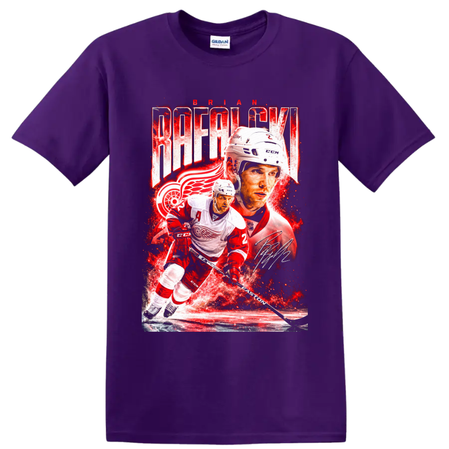 Brian Rafalski Detroit Red Wings action collage with BRIAN RAFALSKI text and signature on a Purple T Shirt