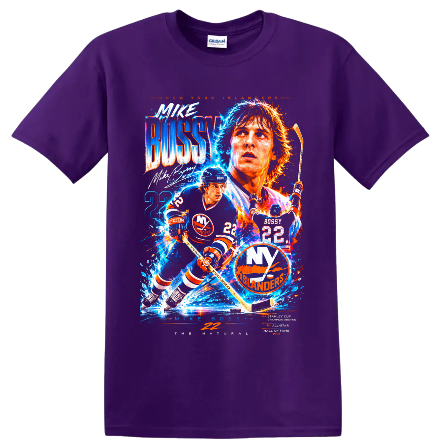 Mike Bossy New York Islanders electric hockey collage with number 22 on a Purple T Shirt