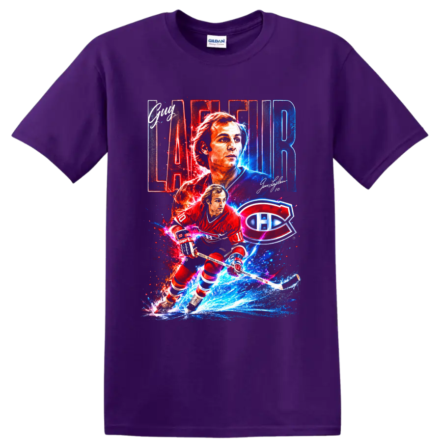 Guy Lafleur Montreal Canadiens hockey collage with number 10 and team logo on a Purple T Shirt