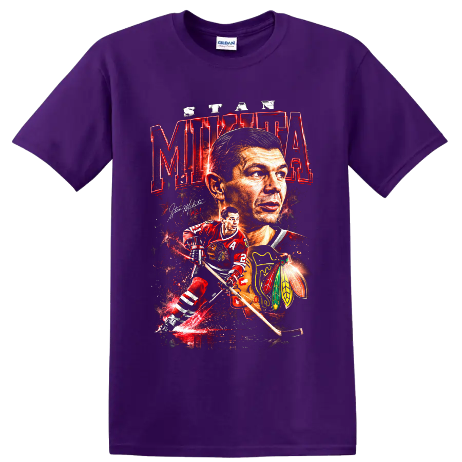 Stan Mikita #21 Chicago Blackhawks hockey portrait and action graphic print on a Purple T Shirt