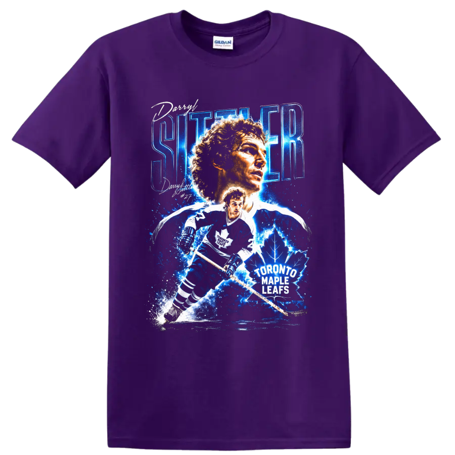 Darryl Sittler Toronto Maple Leafs hockey portrait and action graphic with number 27 on a Purple T Shirt