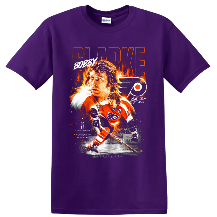 Bobby Clarke Philadelphia Flyers No. 16 vintage hockey tribute graphic on a Purple T Shirt