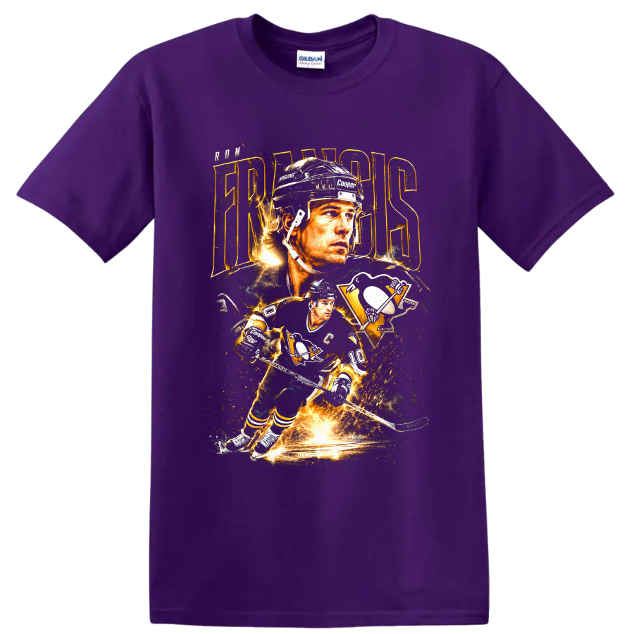 Ron Francis Pittsburgh Penguins hockey portrait and action graphic with gold lightning on a Purple T Shirt