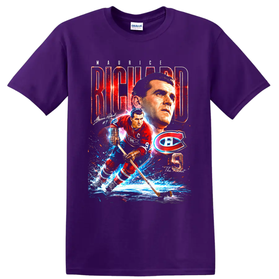 Maurice Richard No. 9 Montreal Canadiens hockey action tribute graphic on a Purple T Shirt
