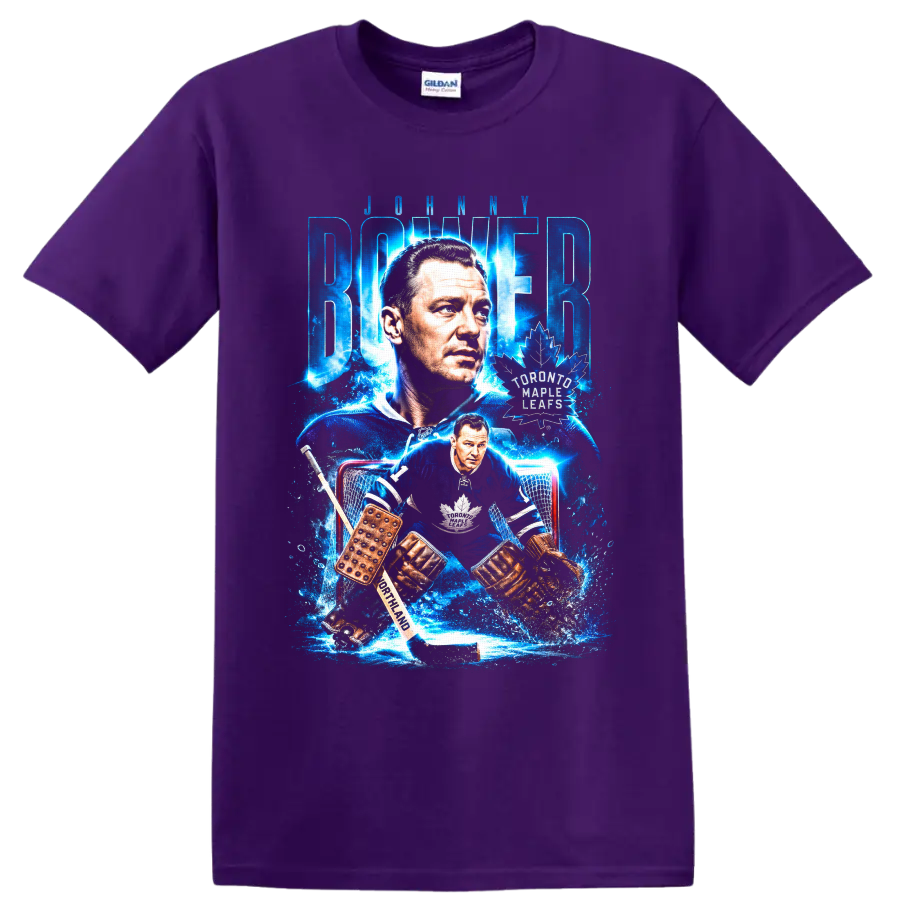 Johnny Bower Toronto Maple Leafs goalie portrait and vintage hockey action graphic on a Purple T Shirt