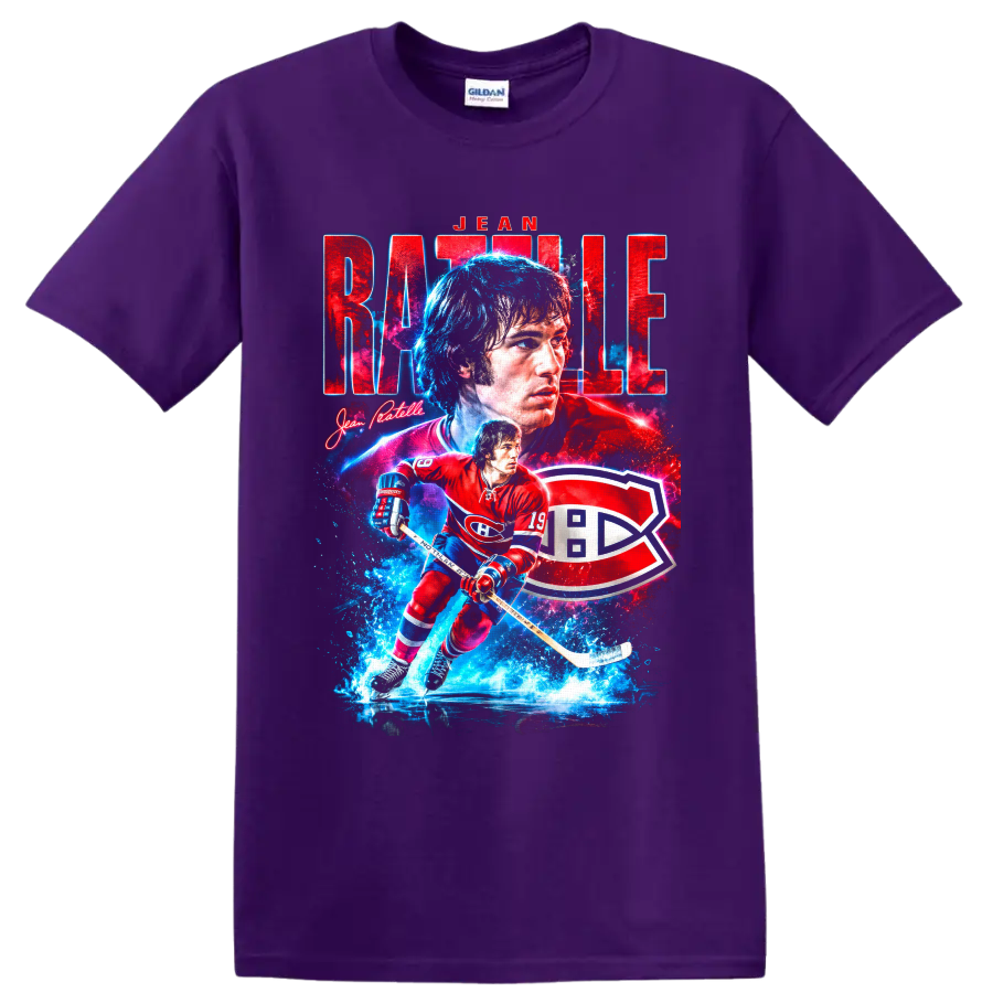 Jean Ratelle Montreal hockey portrait and skating player graphic with bold team-style on a Purple T Shirt