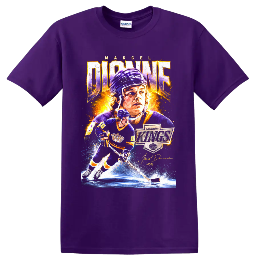 Marcel Dionne Los Angeles Kings hockey collage with number 16 and signature on a Purple T Shirt