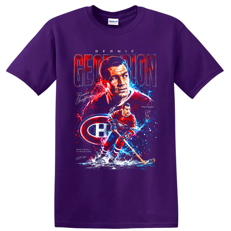 Bernie Geoffrion Montreal Canadiens retro portrait and No. 5 hockey action graphic on a Purple T Shirt
