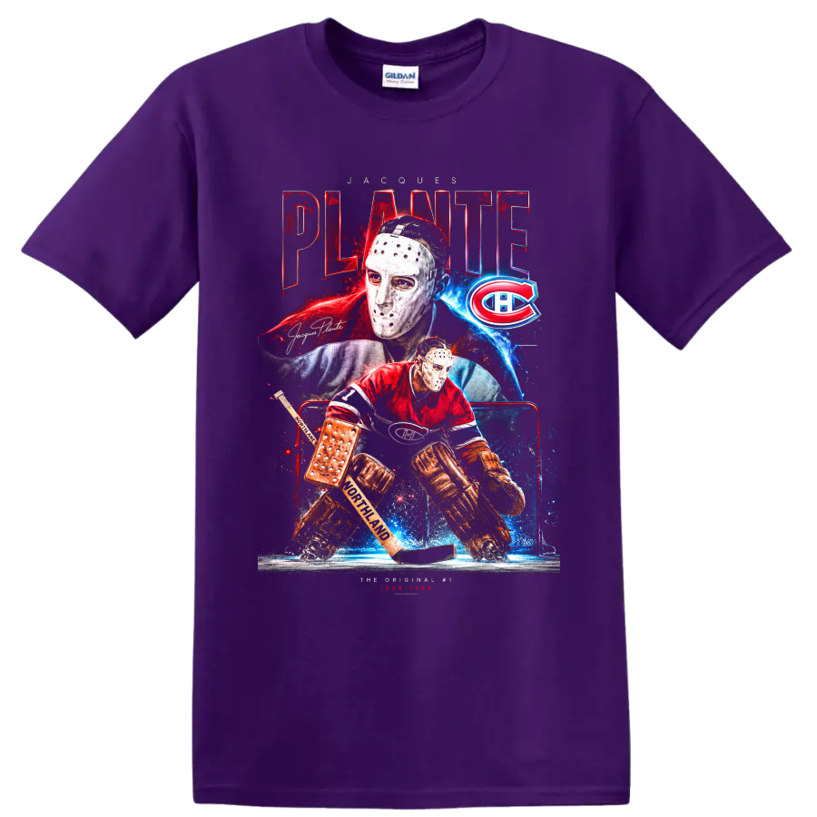 Jacques Plante Montreal Canadiens masked goalie in retro red and blue hockey collage on a Purple T Shirt