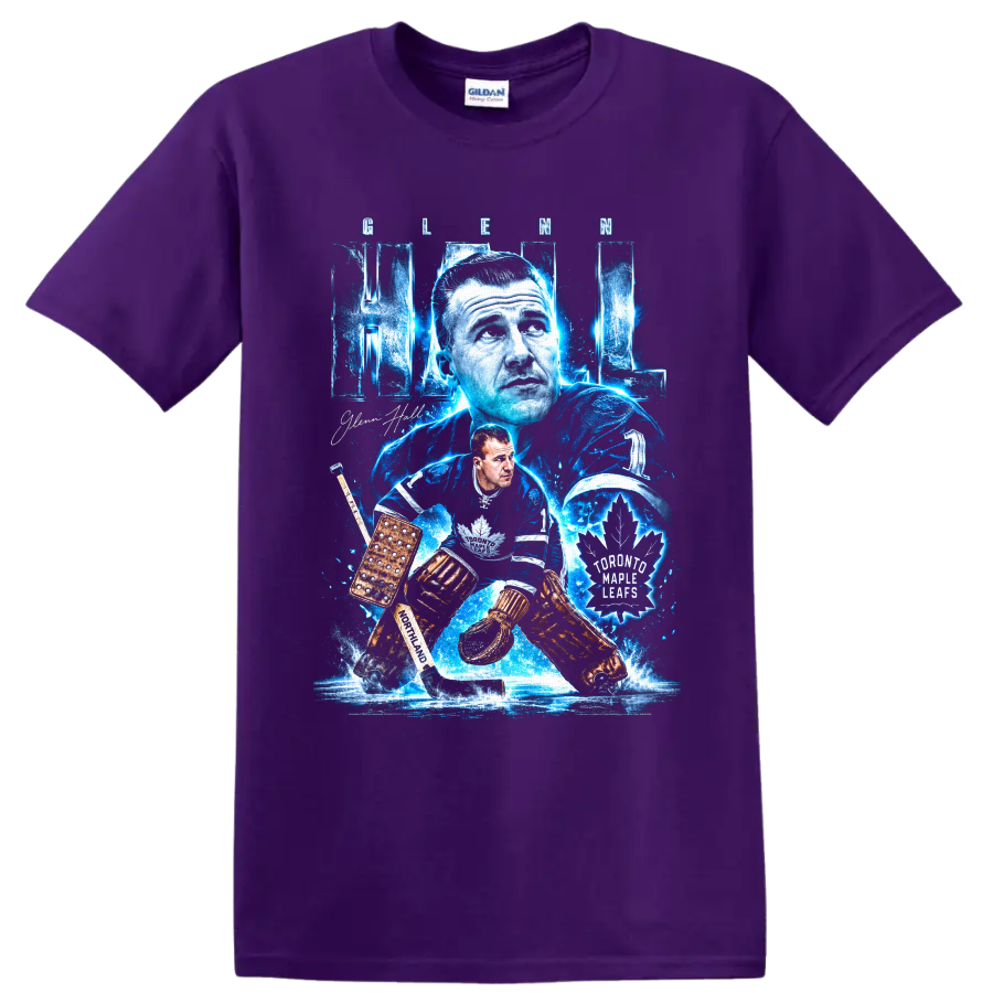 Glenn Hall Toronto Maple Leafs goalie graphic with icy blue vintage hockey artwork on a Purple T Shirt