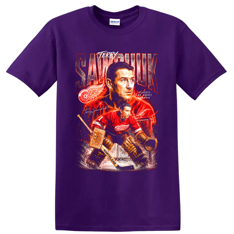 Terry Sawchuk Detroit Red Wings goalie portrait and vintage action graphic on a Purple T Shirt