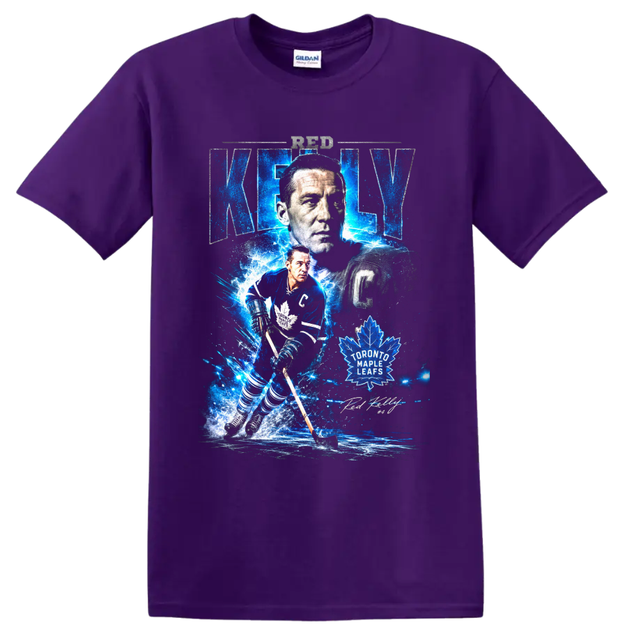Red Kelly Toronto Maple Leafs captain hockey collage with electric blue ice effects on a Purple T Shirt