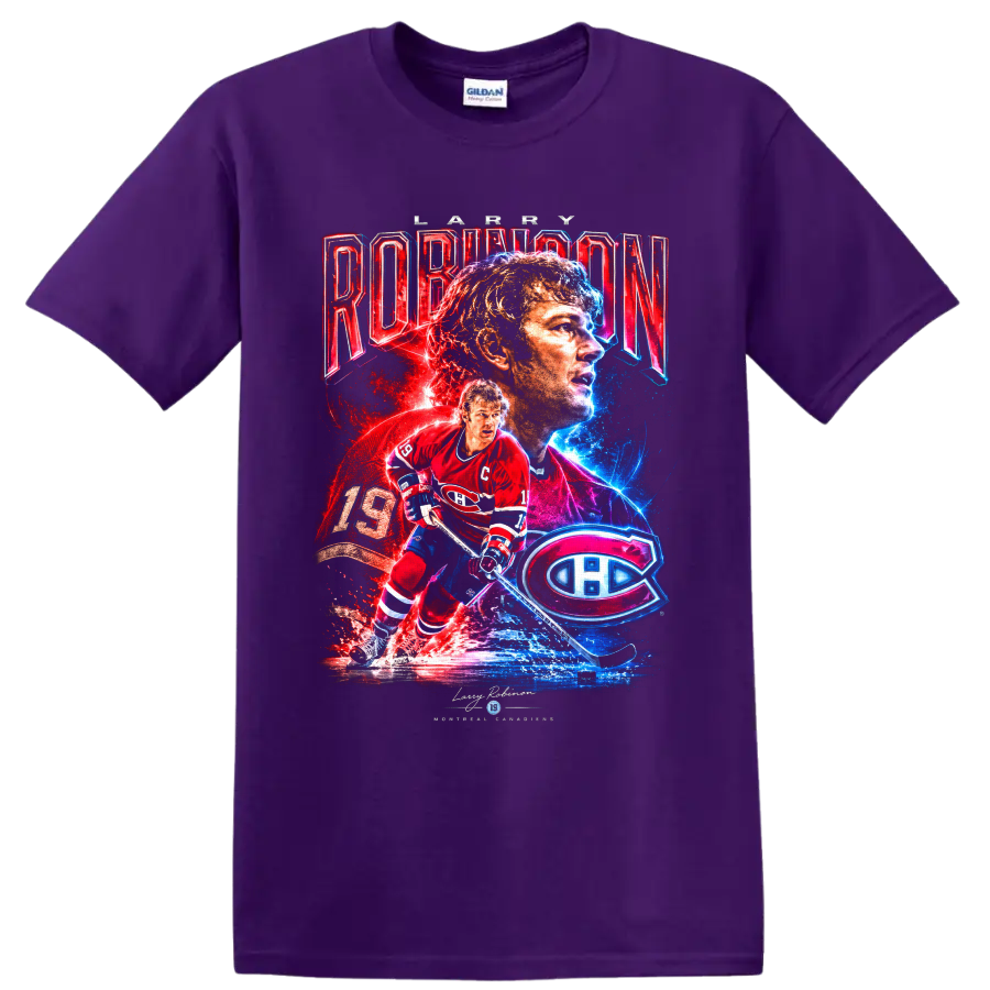 Larry Robinson Montreal Canadiens number 19 neon collage hockey graphic on a Purple T Shirt