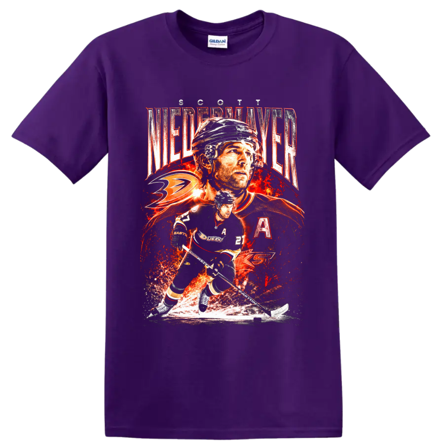 Scott Niedermayer Ducks No. 27 hockey collage with fiery distressed graphics on a Purple T Shirt