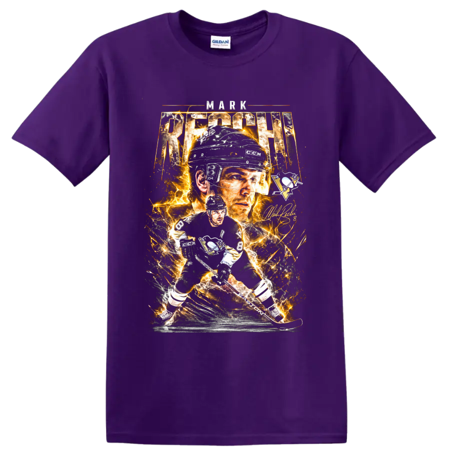 Mark Recchi Pittsburgh Penguins No. 8 electric hockey portrait and action graphic on a Purple T Shirt