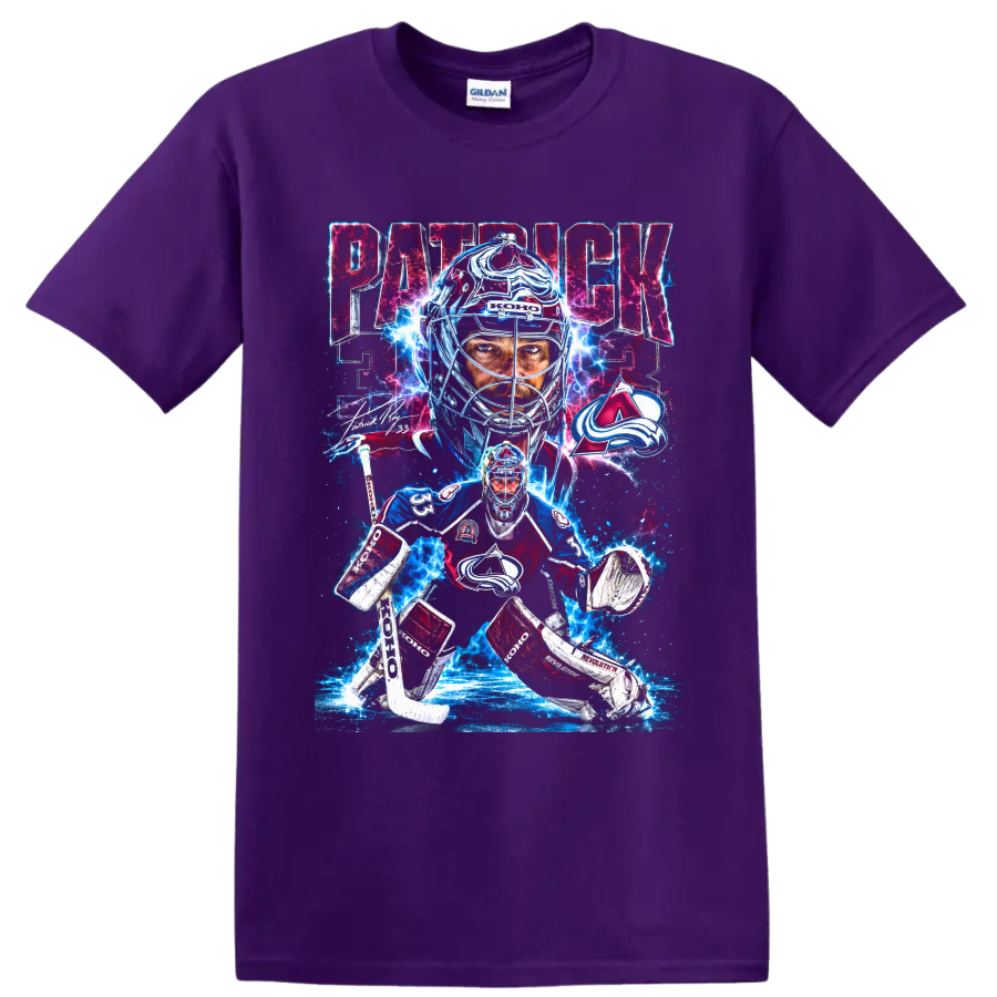 Patrick Roy Colorado Avalanche goalie graphic with number 33, signature, and electric ice on a Purple T Shirt