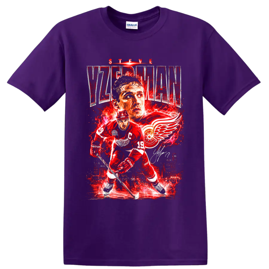 Steve Yzerman Detroit Red Wings hockey collage with captain portrait and winged wheel on a Purple T Shirt