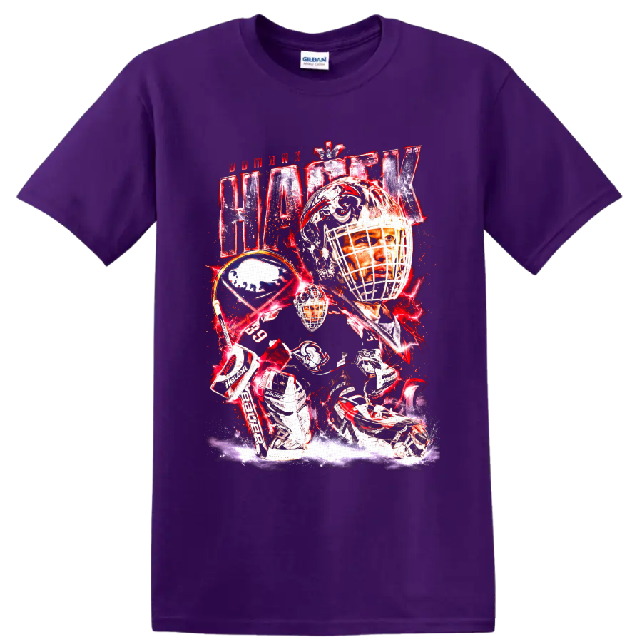Dominik Hasek Buffalo Sabres goaltender collage with bold red lightning on a Purple T Shirt