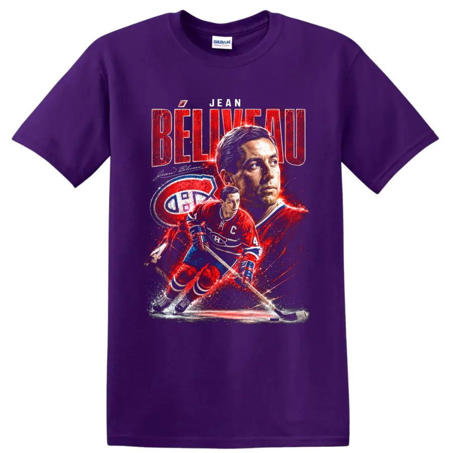 Jean Béliveau Montreal Canadiens hockey portrait and number 4 action graphic print on a Purple T Shirt
