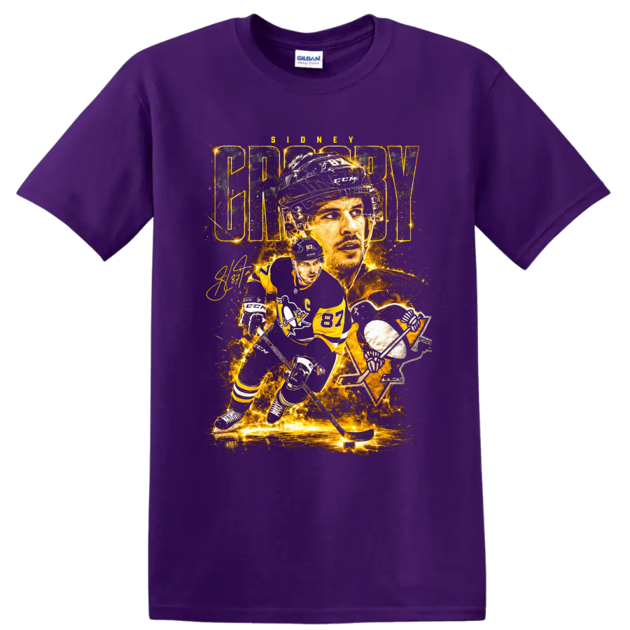 Sidney Crosby Penguins number 87 hockey portrait and action graphic print on a Purple T Shirt