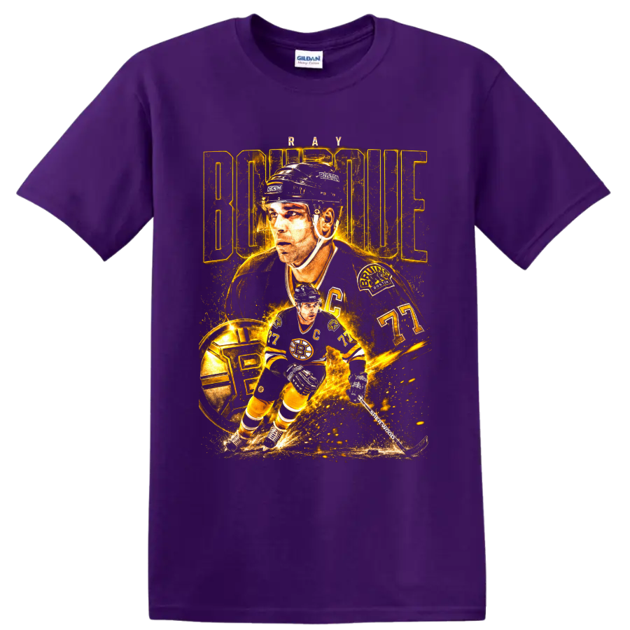 Ray Bourque Boston Bruins captain 77 hockey collage in glowing vintage gold on a Purple T Shirt