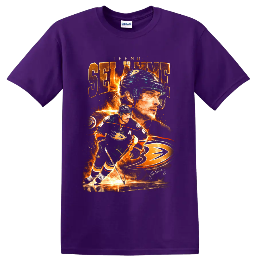 Teemu Selanne Anaheim Ducks fiery hockey action collage with signature on a Purple T Shirt