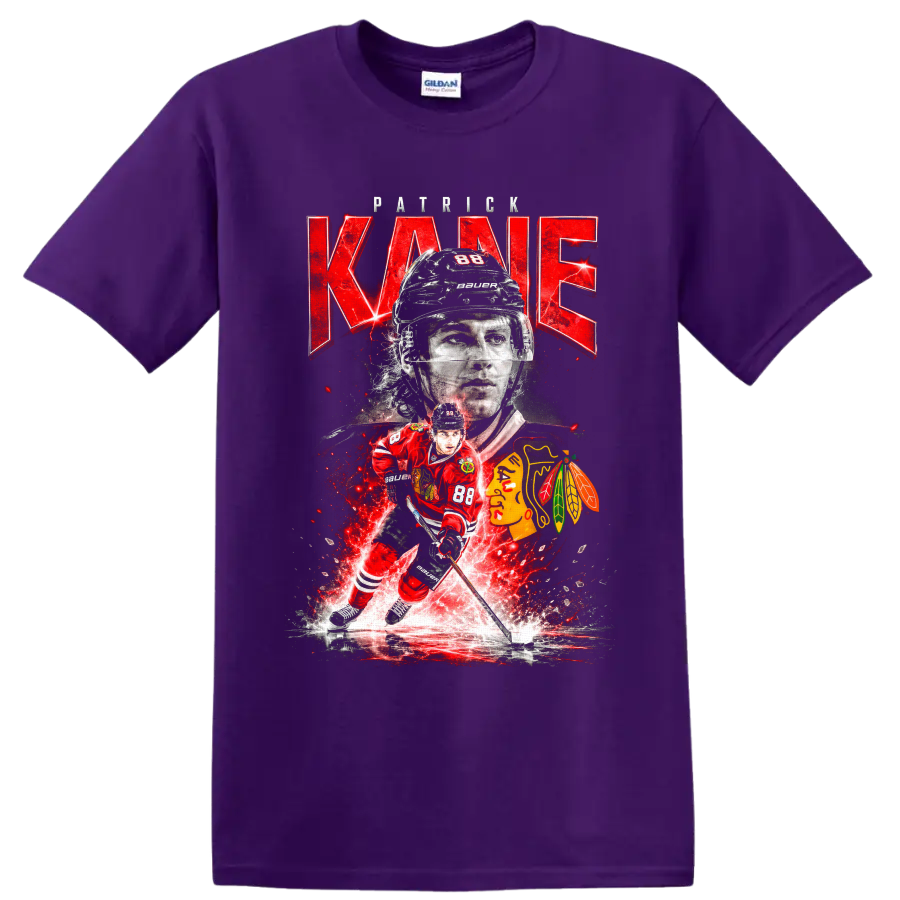 Patrick Kane number 88 Chicago hockey portrait and skating action graphic on a Purple T Shirt