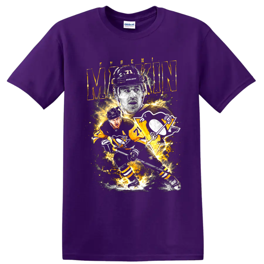 Evgeni Malkin Pittsburgh Penguins number 71 hockey player collage graphic on a Purple T Shirt