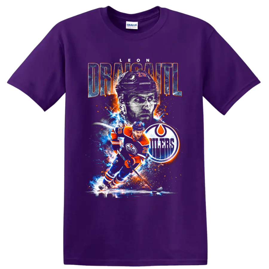 Leon Draisaitl Edmonton Oilers action portrait with electric ice and fiery spark artwork on a Purple T Shirt