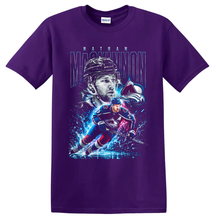 Nathan MacKinnon Colorado Avalanche hockey player graphic with icy neon action art on a Purple T Shirt