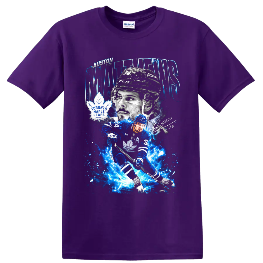 Auston Matthews Toronto Maple Leafs electric blue hockey action graphic on a Purple T Shirt