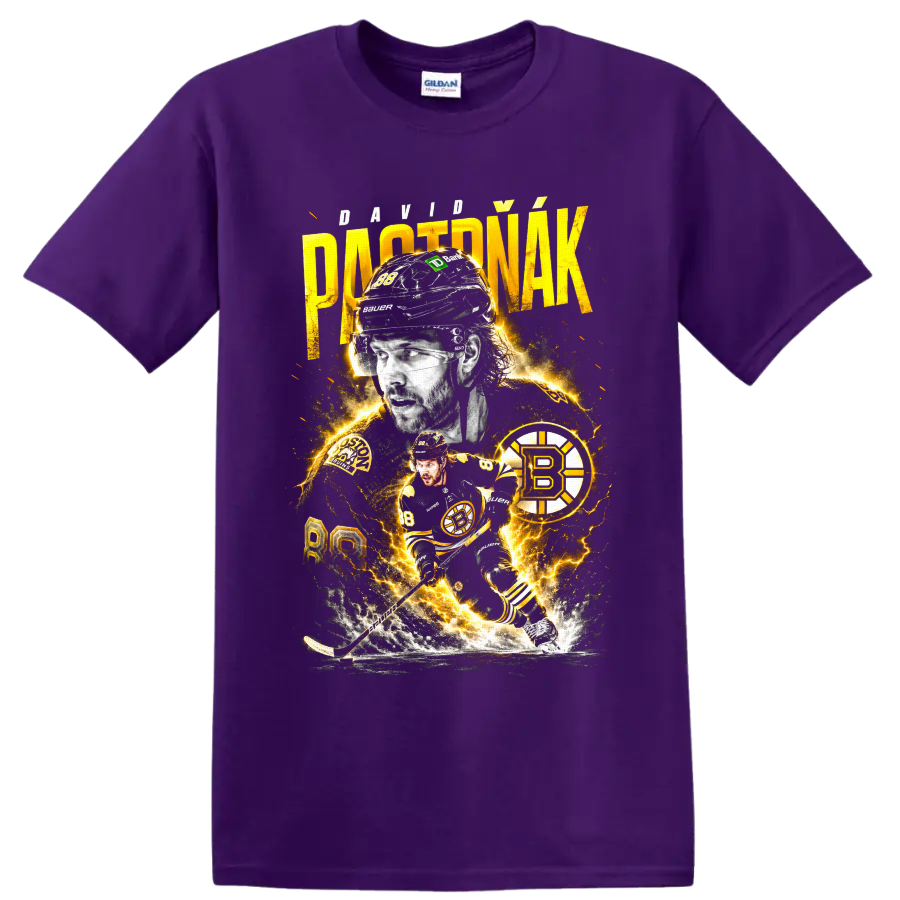 David Pastrnak No. 88 Boston Bruins hockey collage with electric gold lightning on a Purple T Shirt