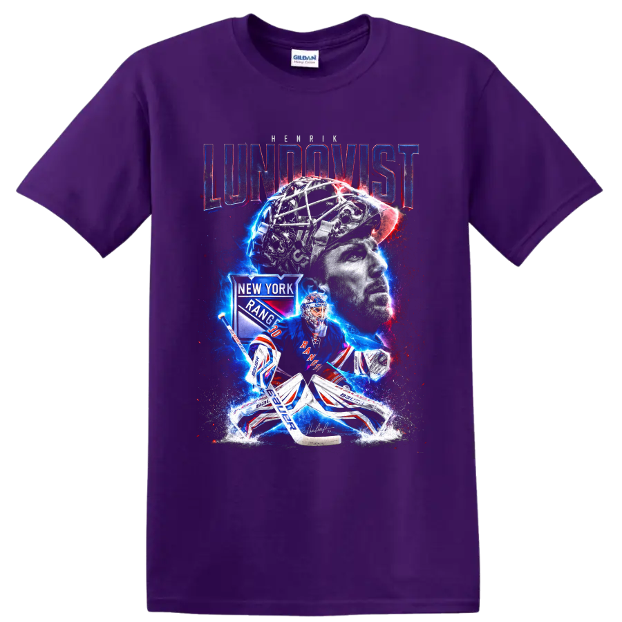 Henrik Lundqvist Rangers goalie collage with portrait, mask, and electric hockey artwork on a Purple T Shirt