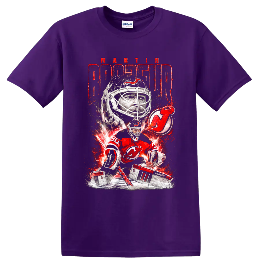Martin Brodeur New Jersey Devils goalie graphic with red lightning and ice on a Purple T Shirt