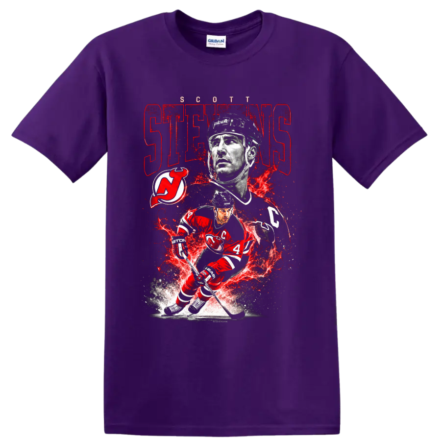 Scott Stevens New Jersey Devils hockey portrait and action graphic with team logo on a Purple T Shirt
